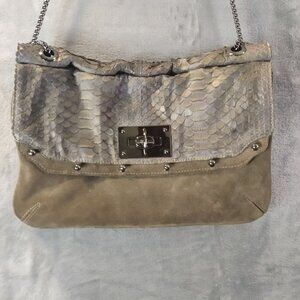BE and D Suede Embossed Leather Shoulder Bag Silver Chain Turnlock OS Designer